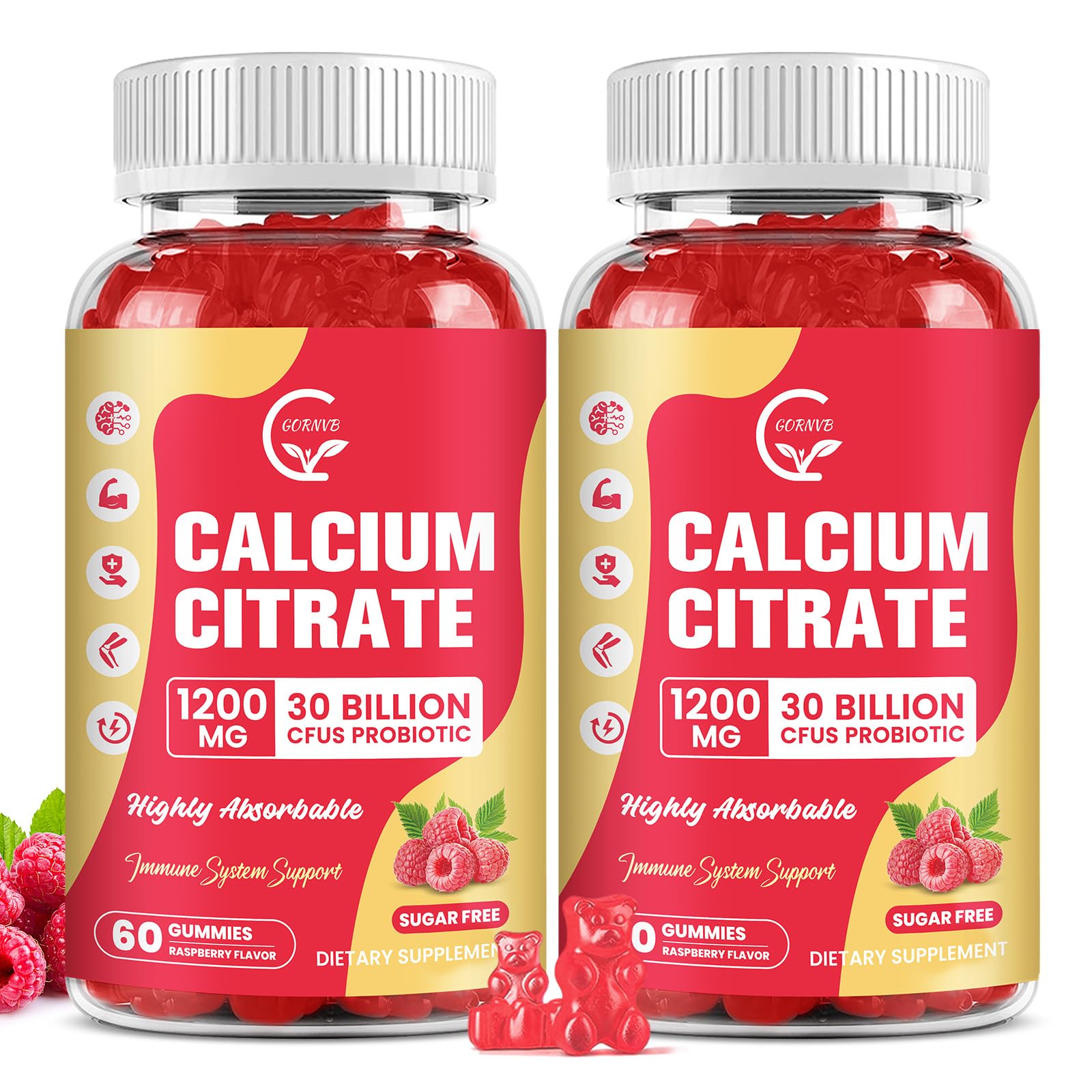 GORNVB calcium citrate gummies bottle showing raspberry flavor and daily calcium support.
