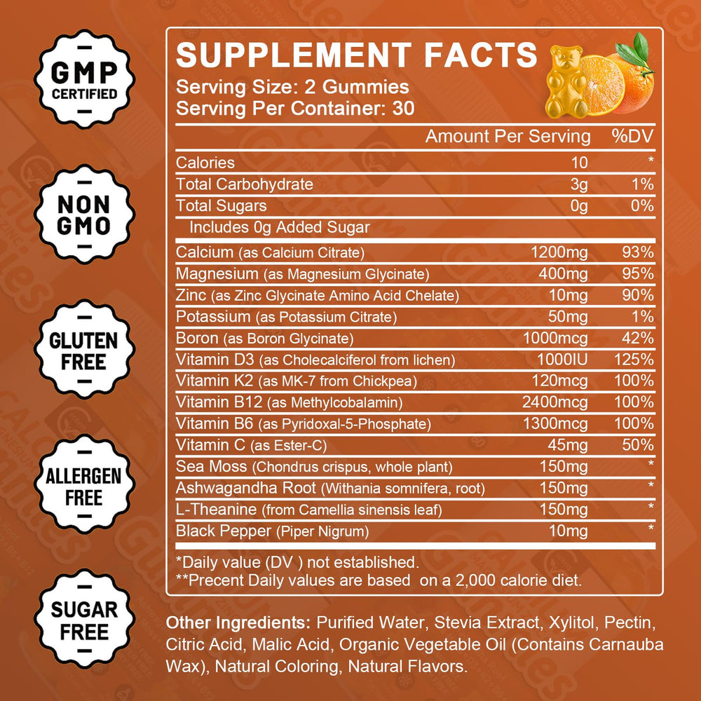 GORNVB calcium gummies close-up texture highlighting sugar-free orange flavor.