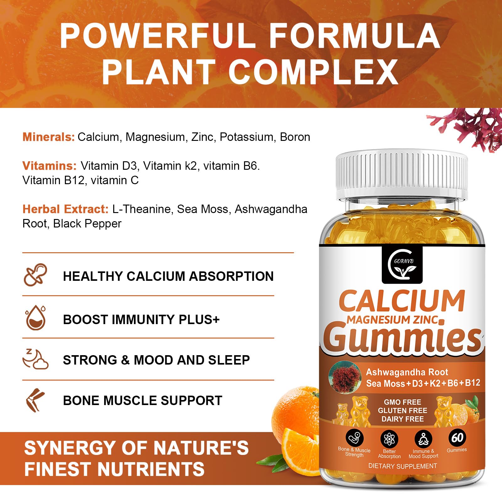 GORNVB calcium ingredients panel showcases 14-in-1 formula ingredients.
