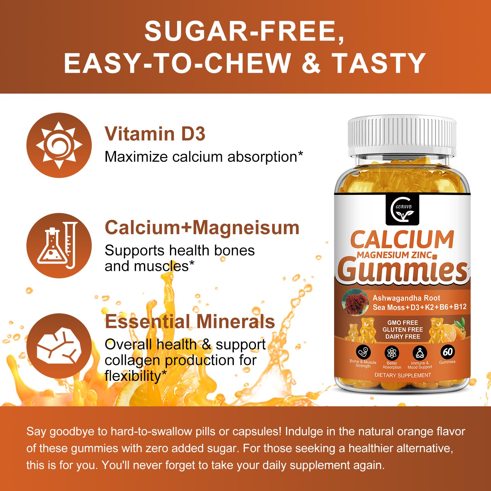 GORNVB calcium gummies packaging designed for kids and adults.