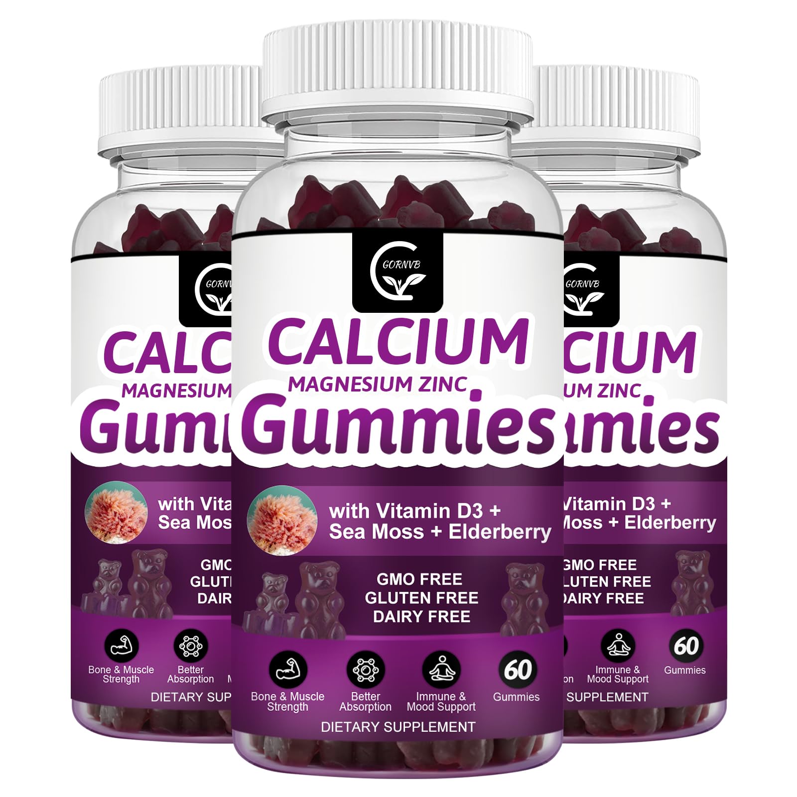 GORNVB calcium magnesium zinc gummies bottle showing tasty mineral chewables