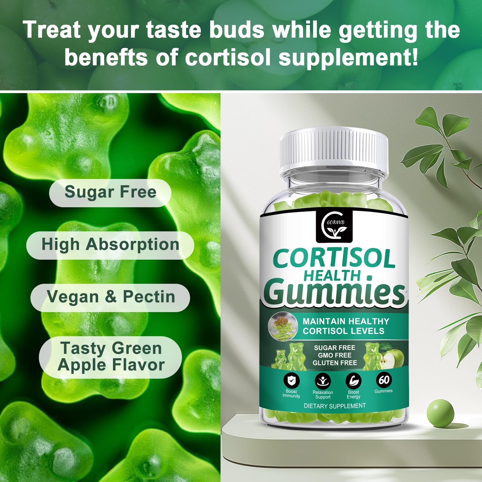 GORNVB Cortisol Gummies ingredient panel highlighting phosphatidylserine