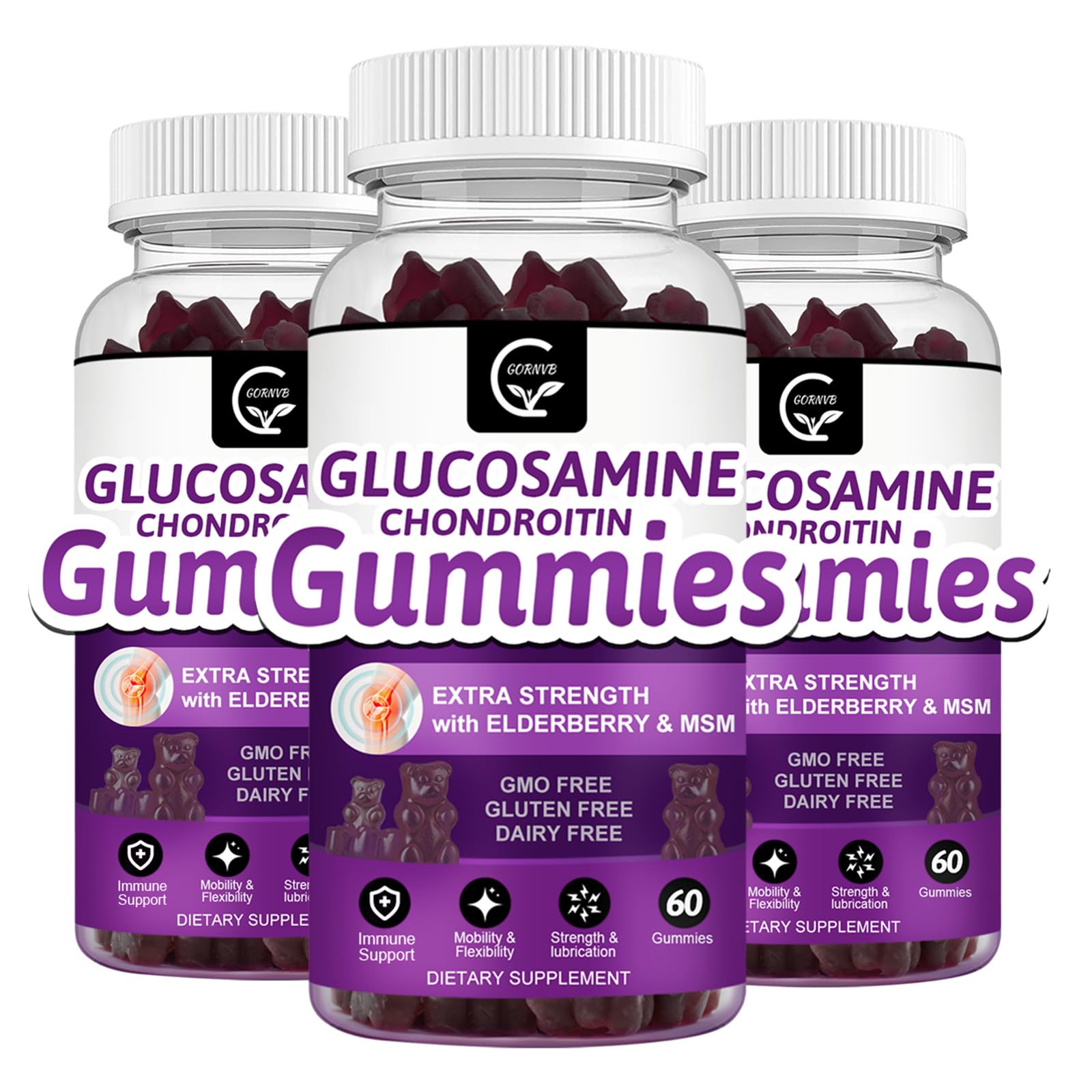 GORNVB glucosamine chondroitin gummies in a jar for easy mobility support.
