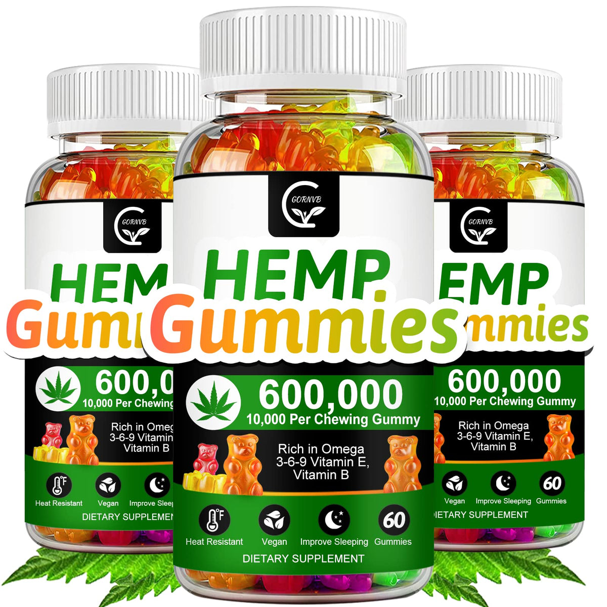 GORNVB hemp gummies 3-pack, vibrant shapes, ready for daily support.