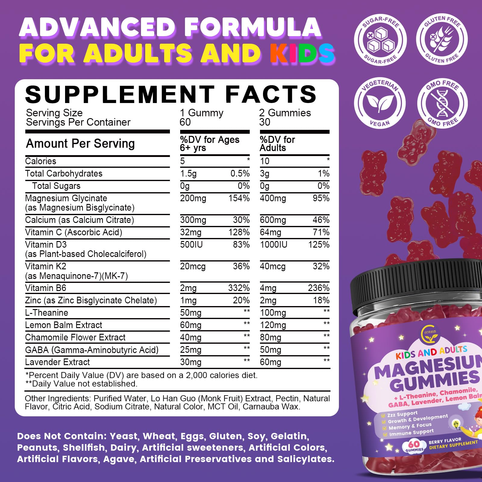 GORNVB magnesium glycinate gummies for kids dosing with berry flavor for calm afternoons.