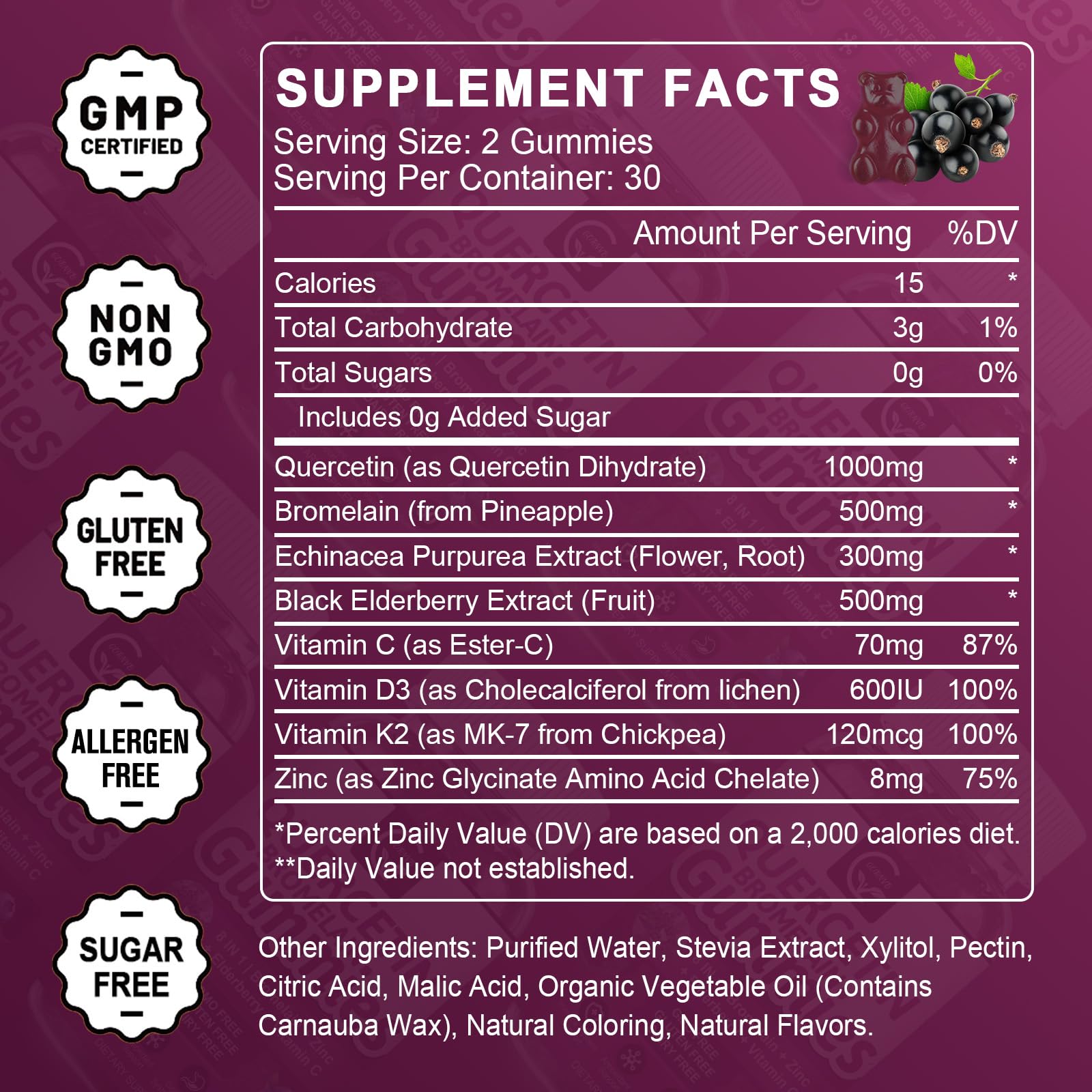 GORNVB Quercetin Gummies ingredients highlighted for immune balance.