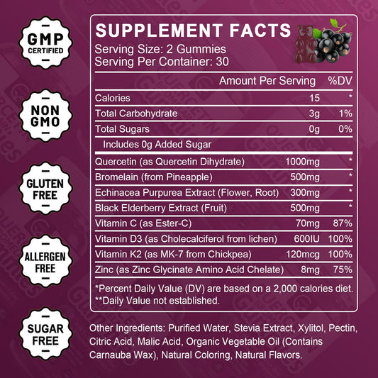 GORNVB Quercetin Gummies ingredients highlighted for immune balance.