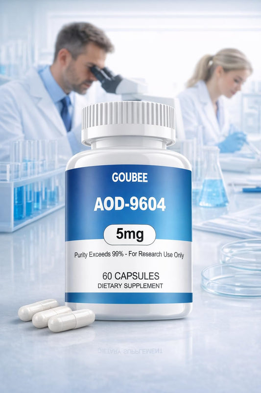 Close-up of GOUBEE AOD-9604 capsules highlighting purity and quality