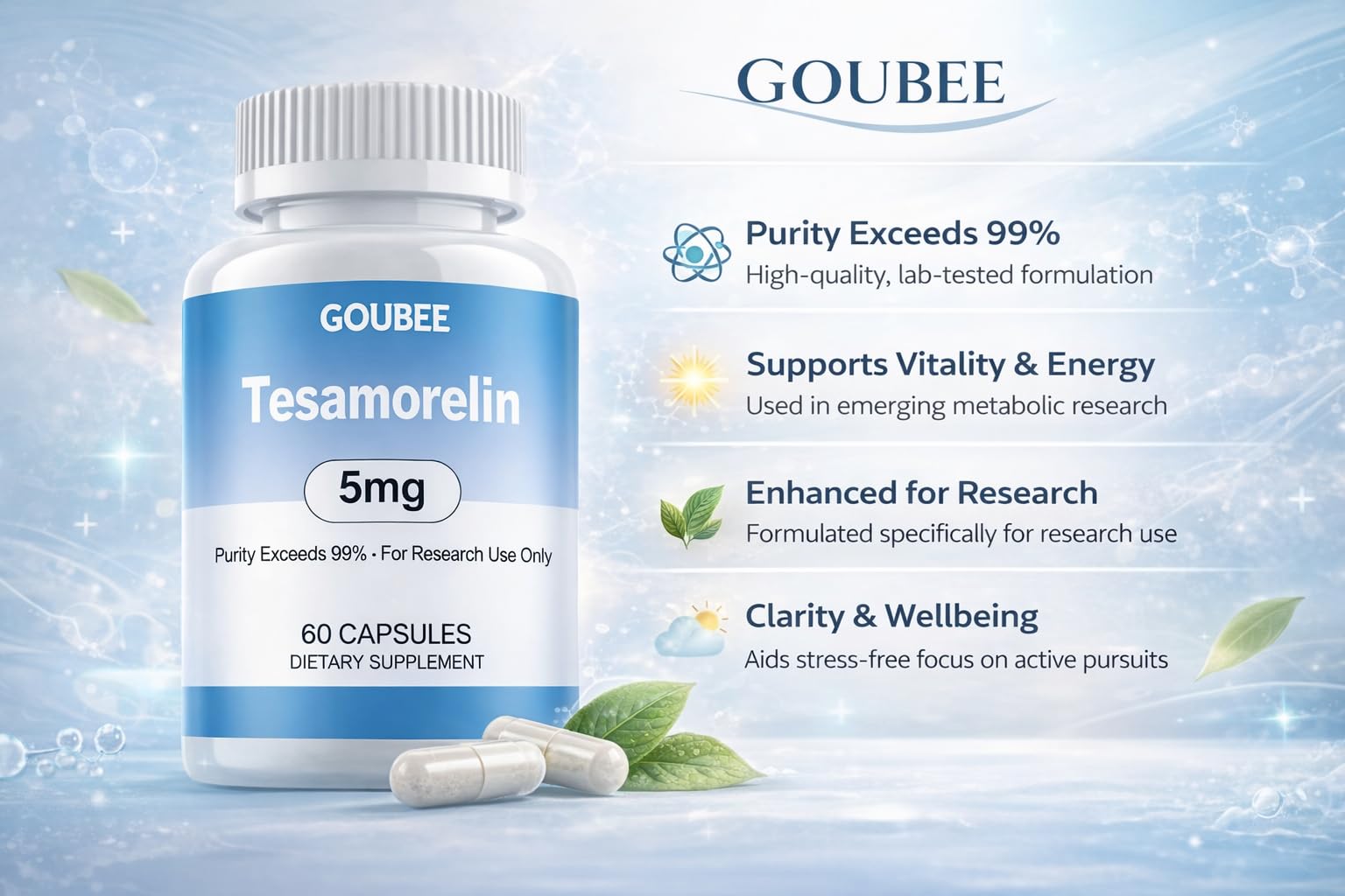 GOUBEE Tesamorelin 60-count capsules in secure packaging for research use