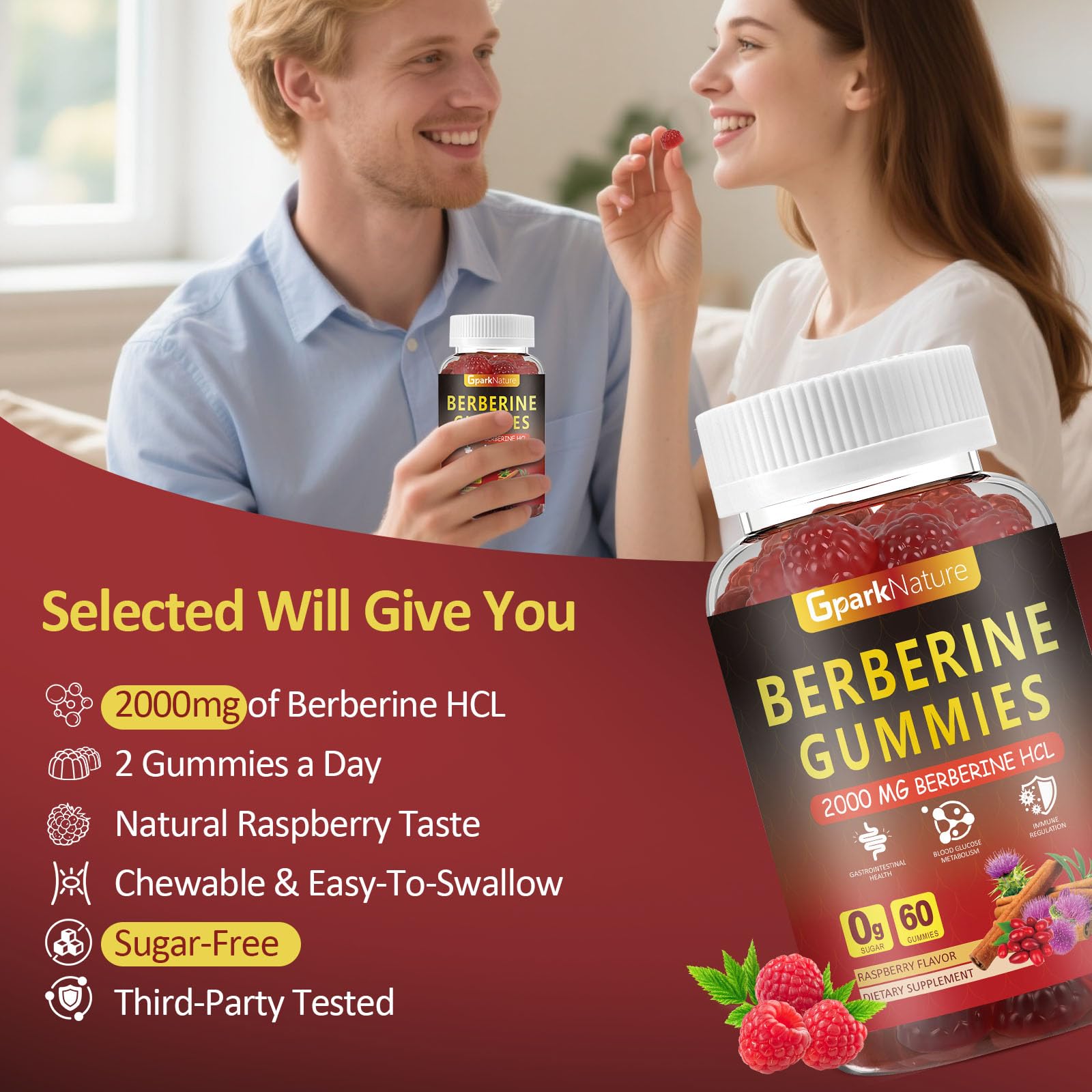 GparkNature Berberine Gummies serving count visuals emphasizing 2000 mg blend for energy management.
