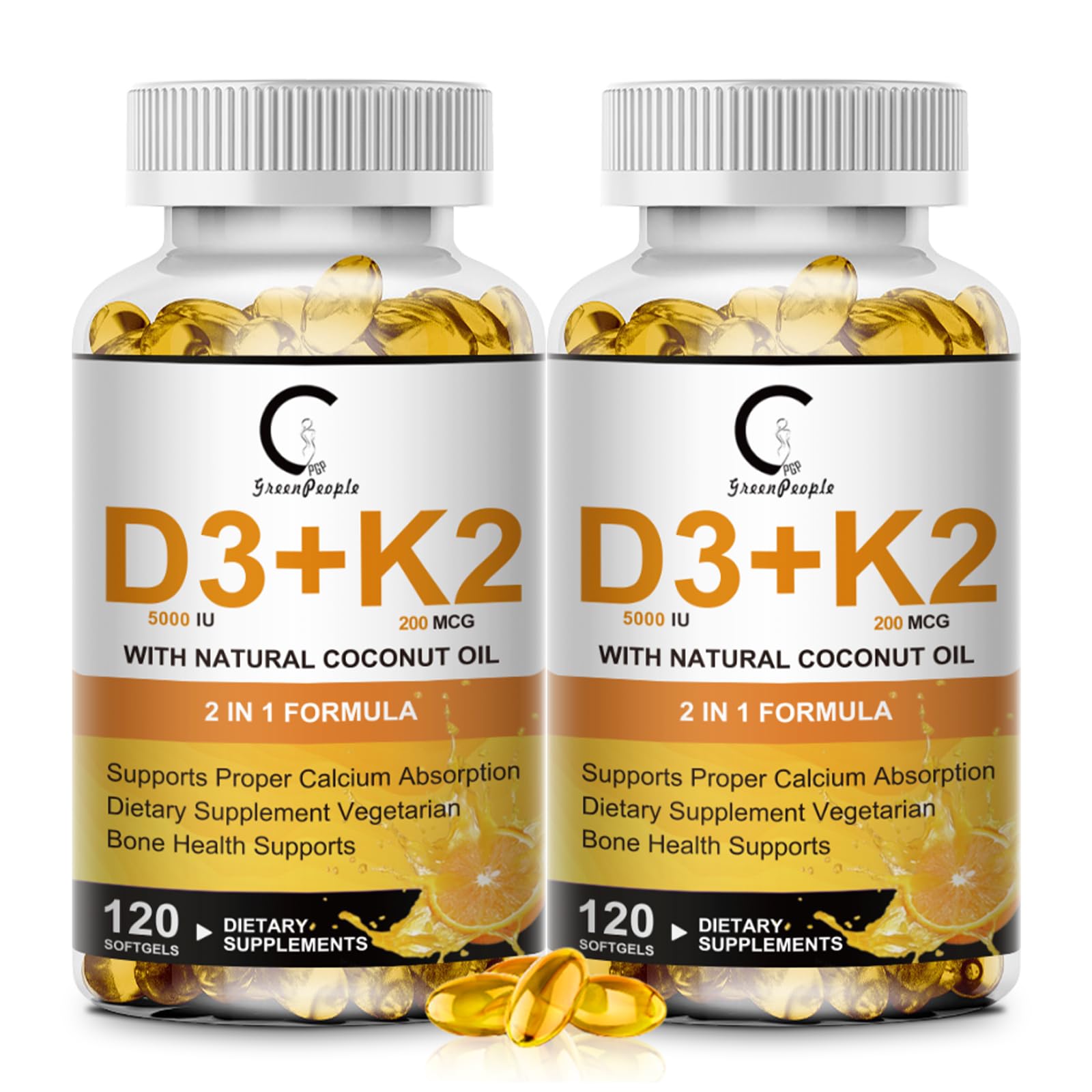 GreenPeople Vitamin D3 K2 bottle pours softgels for bone and immune support.