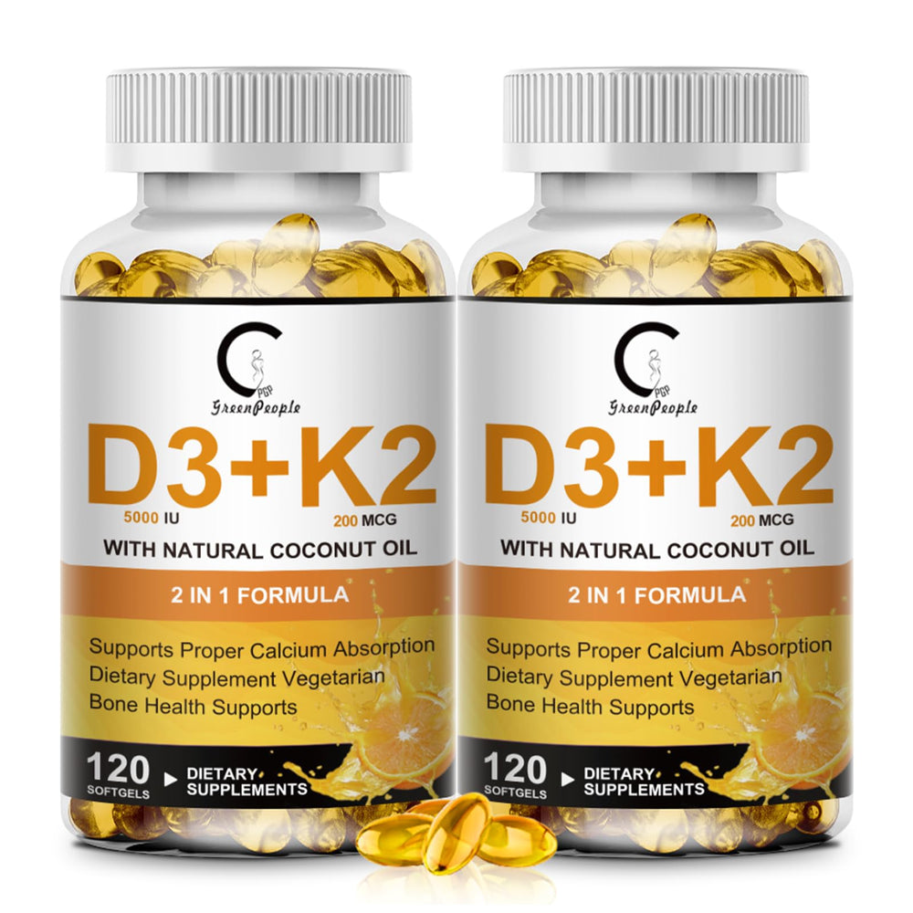 GreenPeople Vitamin D3 K2 bottle pours softgels for bone and immune support.