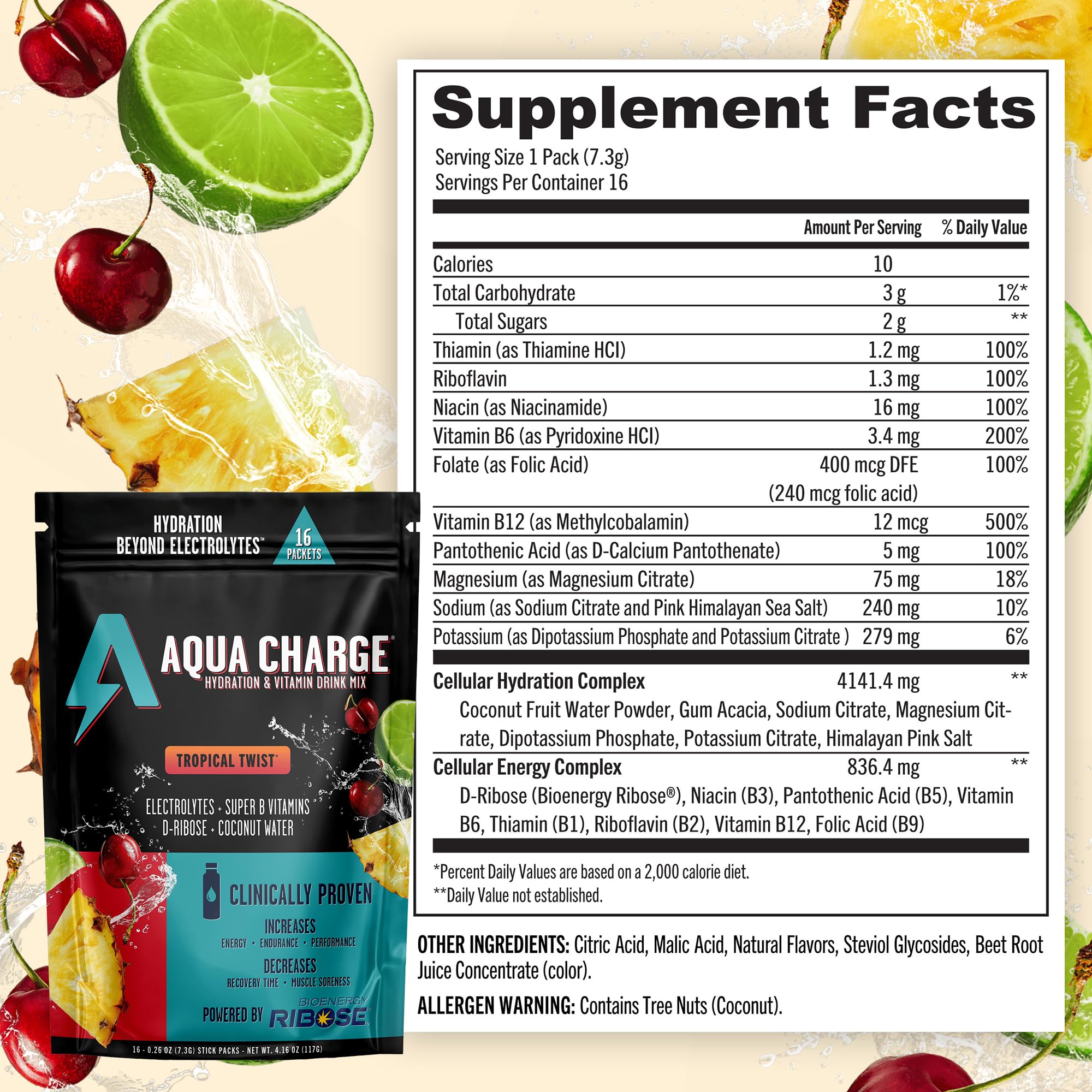 Tropical Twist pack close-up shows sugar-free electrolyte blend.