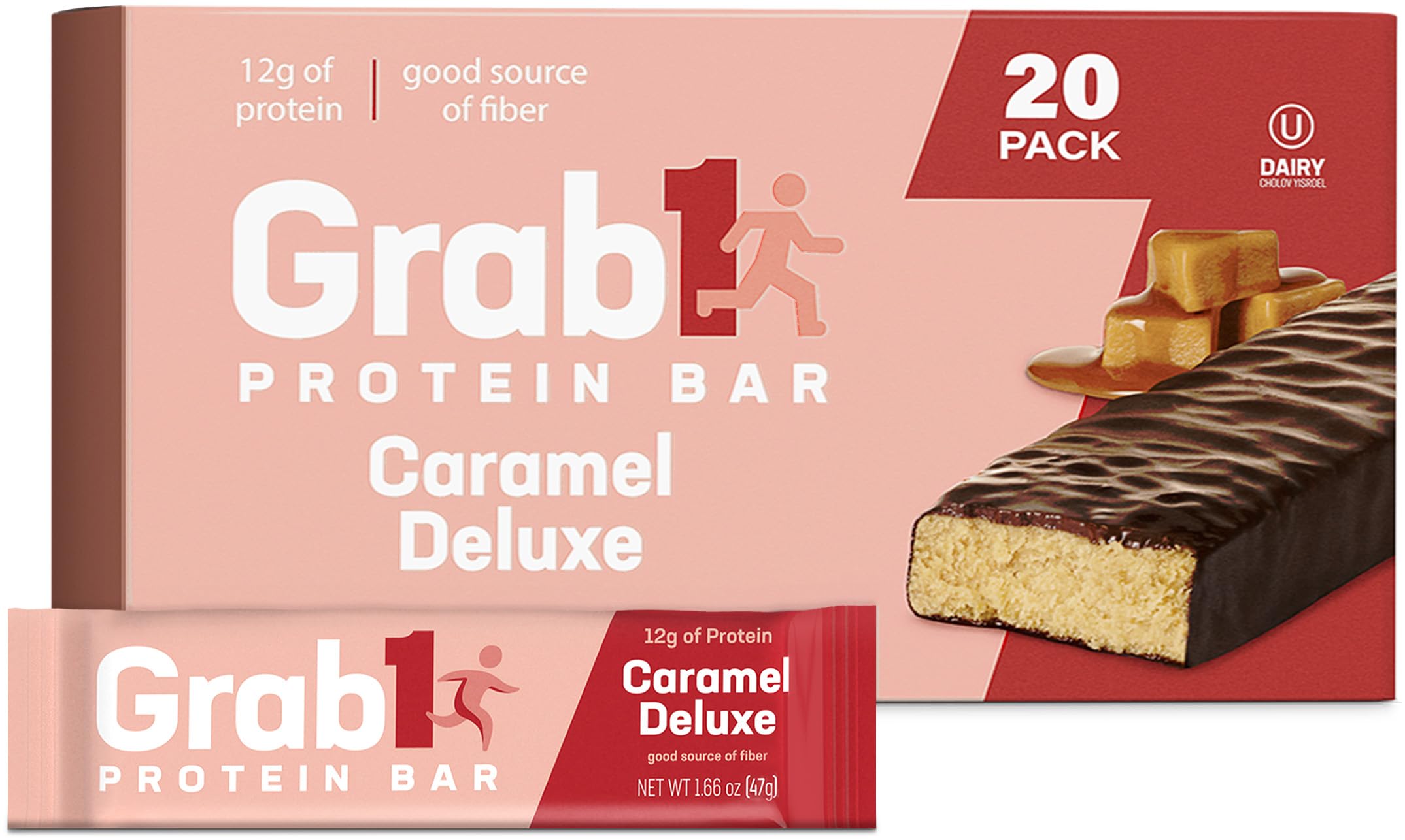 Grab1 Caramel Deluxe bar packaging shows premium ingredients for on-the-go snacking