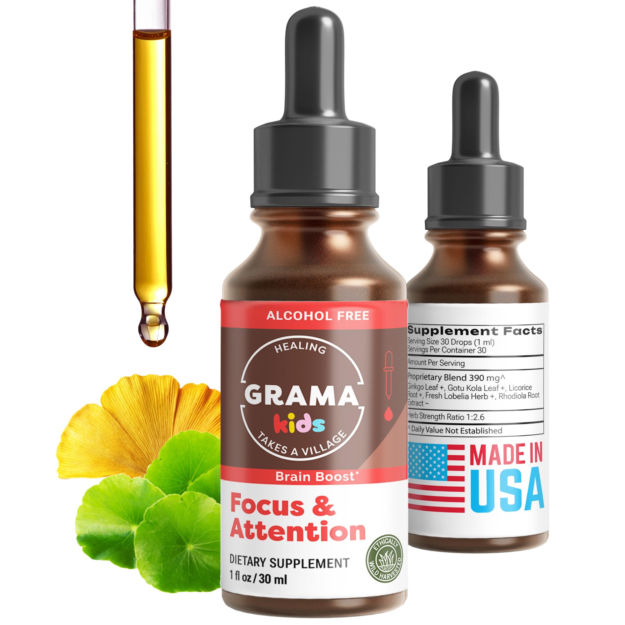 Grama Wellness focus drops bottle on desk showing calm focus during study