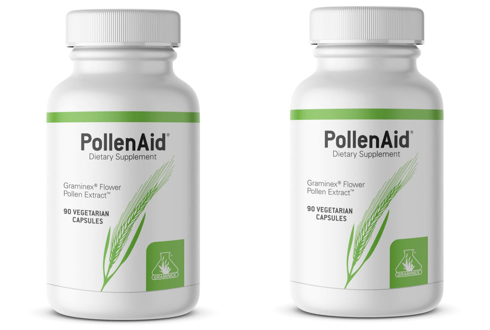 Graminex PollenAid bottle front showing natural pollen extract for potential urinary support.