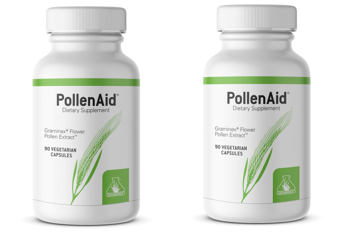 Graminex PollenAid bottle front showing natural pollen extract for potential urinary support.