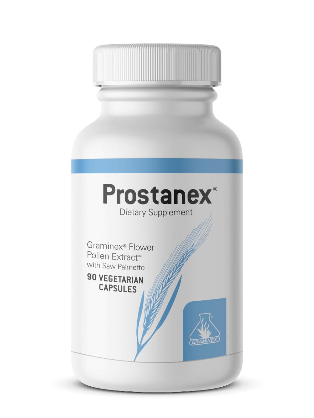 Graminex Prostanex bottle for ongoing prostate support and 90 vegetarian capsules.
