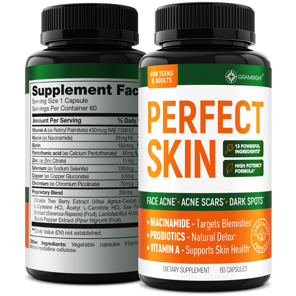 GRAMRIGHT Perfect Skin Pill bottle on a clean surface, daily skin support in view.
