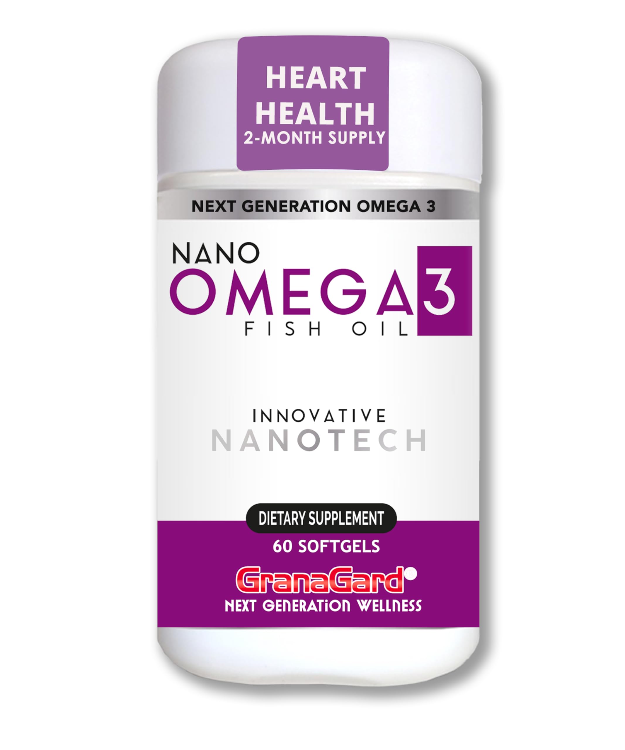 Granagard Nano Omega-3 softgel bottle, easy-to-swallow format for everyday wellness.