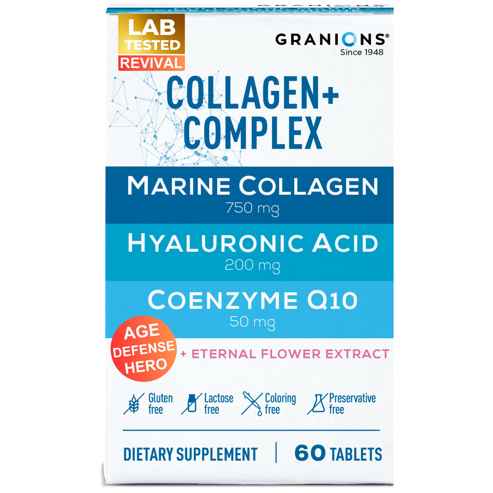 Granions Marine Collagen pills complex bottle close-up for skin hydration and elasticity.