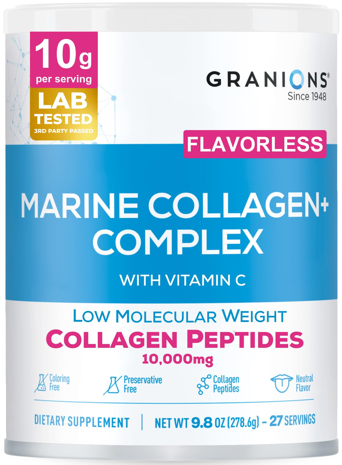 Granions marine collagen powder bottle on the counter for easy daily use.