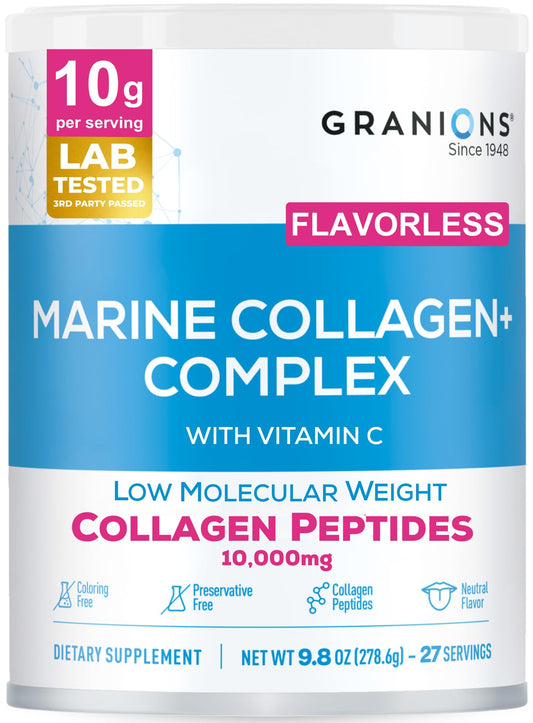 Granions marine collagen powder bottle on the counter for easy daily use.