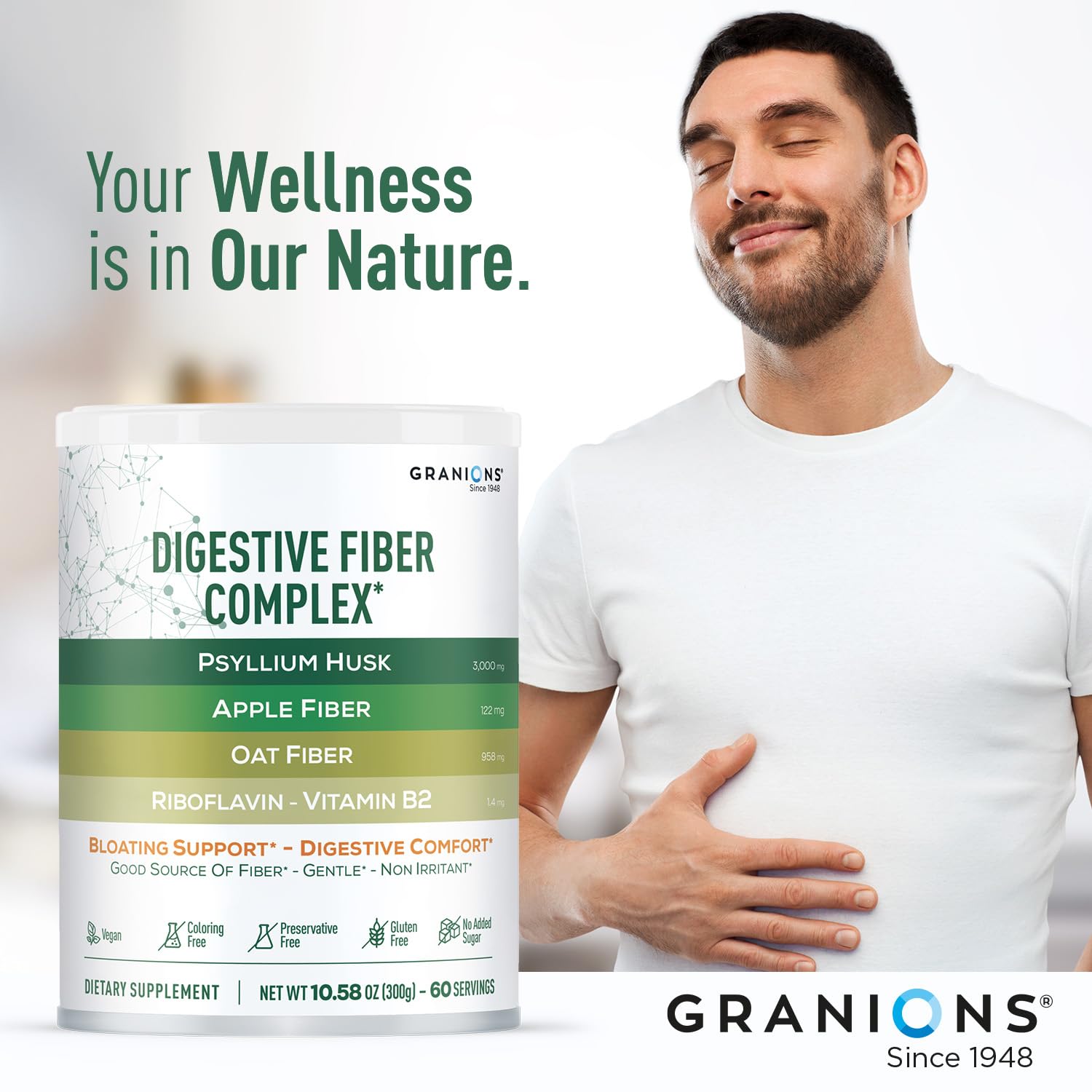 Granions Psyllium Husk Powder daily-use scene communicates steady energy routines.