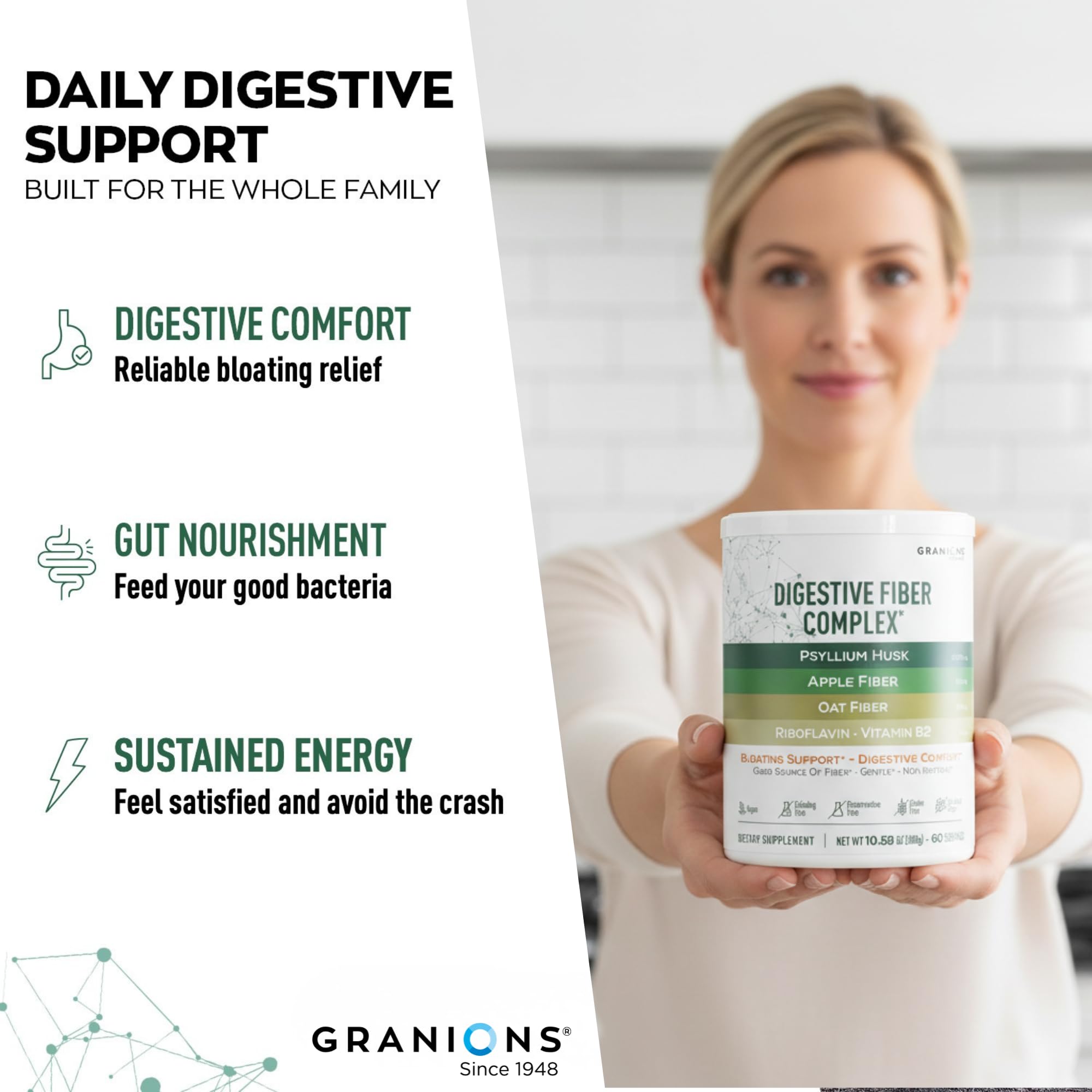 Granions Psyllium Husk Powder dissolving in water shows quick mixability.