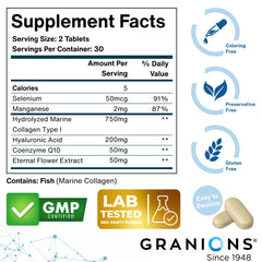 Granions selenium manganese skin tablets promoting healthy collagen formation and elasticity.