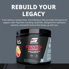 Granite Essential Amino Acids Powder Fruit Punch tub closeup showing clean, soy-free formula.