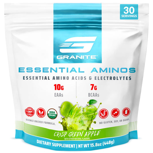 Granite Essentials EAAs powder bottle in green apple supports post-workout recovery potential.