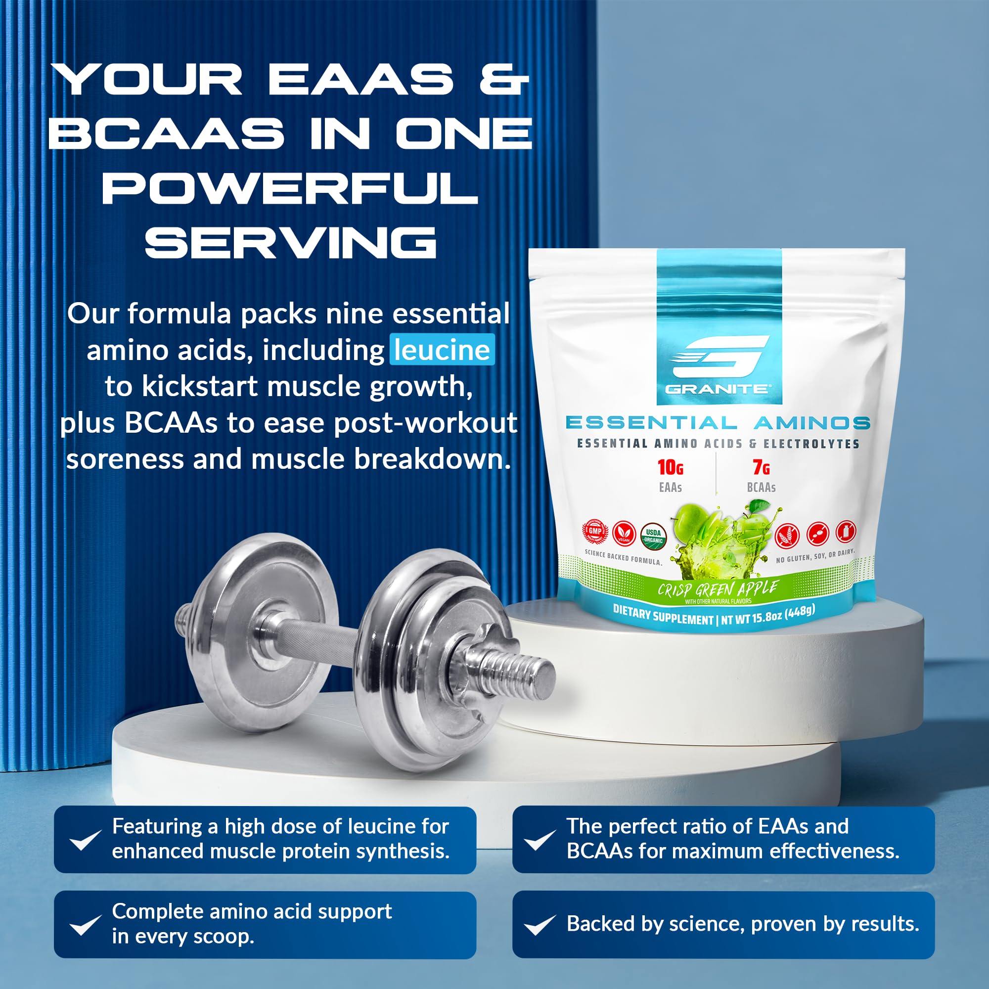 Display of Granite Essentials EAAs packaging showing flavor variety behind Green Apple option.