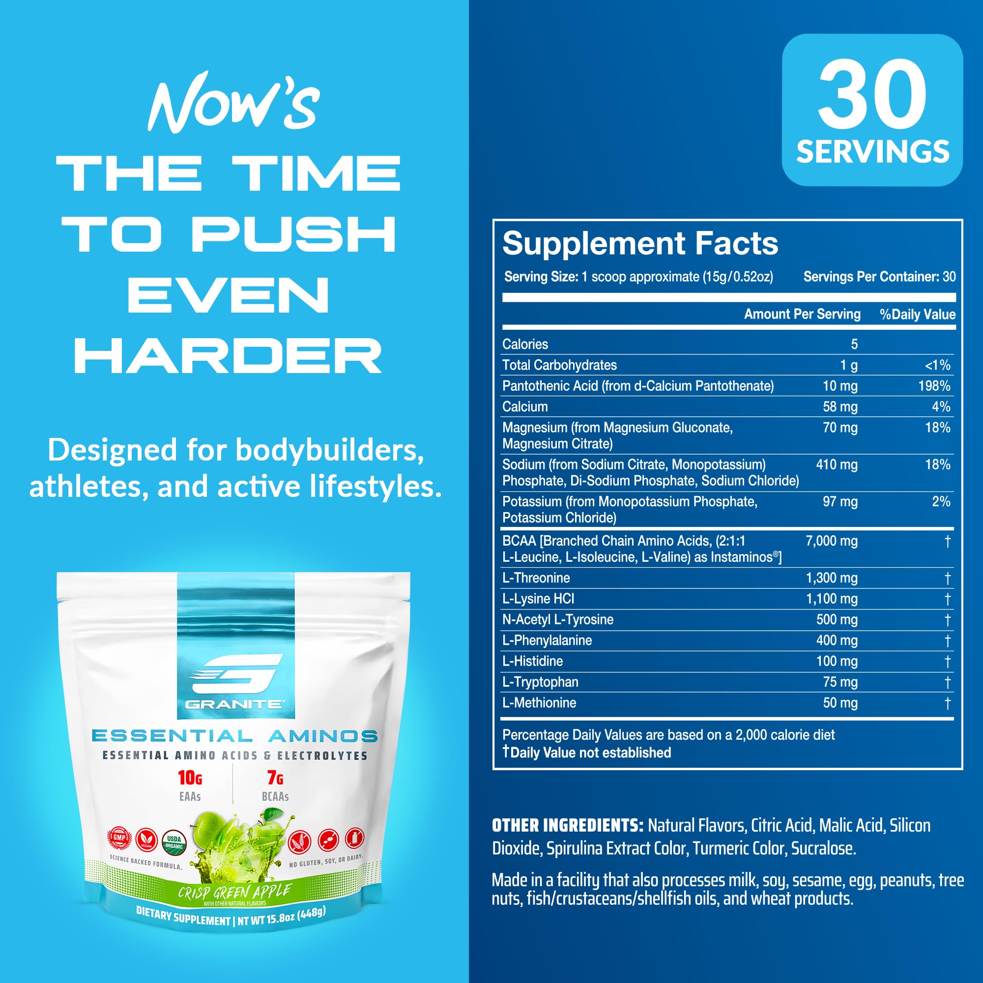 Granite EAAs powder scoop showing 10g EAAs per serving for muscle support.