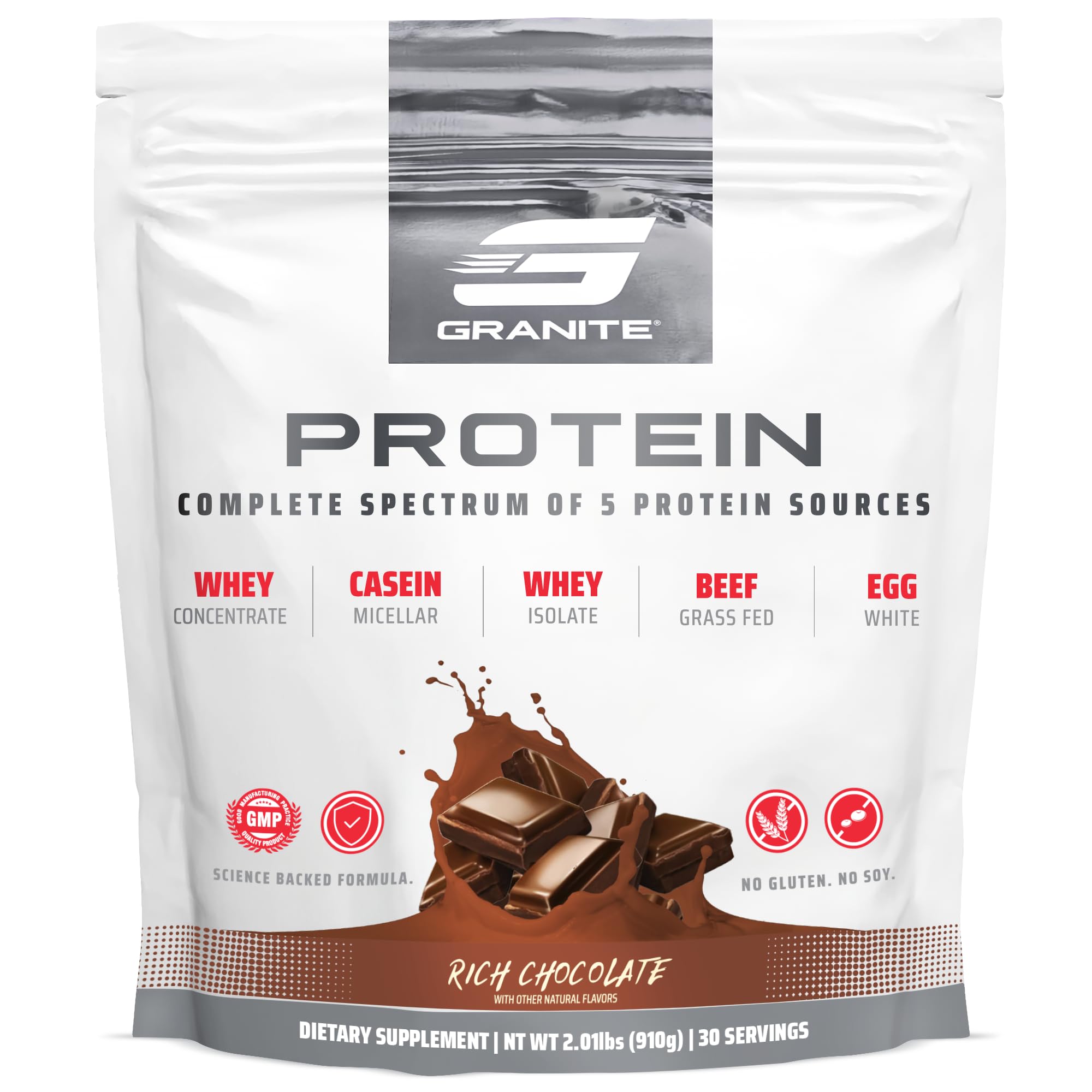 Granite Nutrition rich chocolate tub highlights lean muscle support