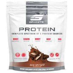 Granite Nutrition rich chocolate tub highlights lean muscle support