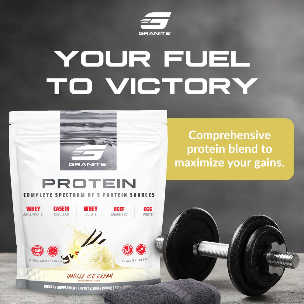 Granite Nutrition scoop with 23g multi-source protein for fast and slow release