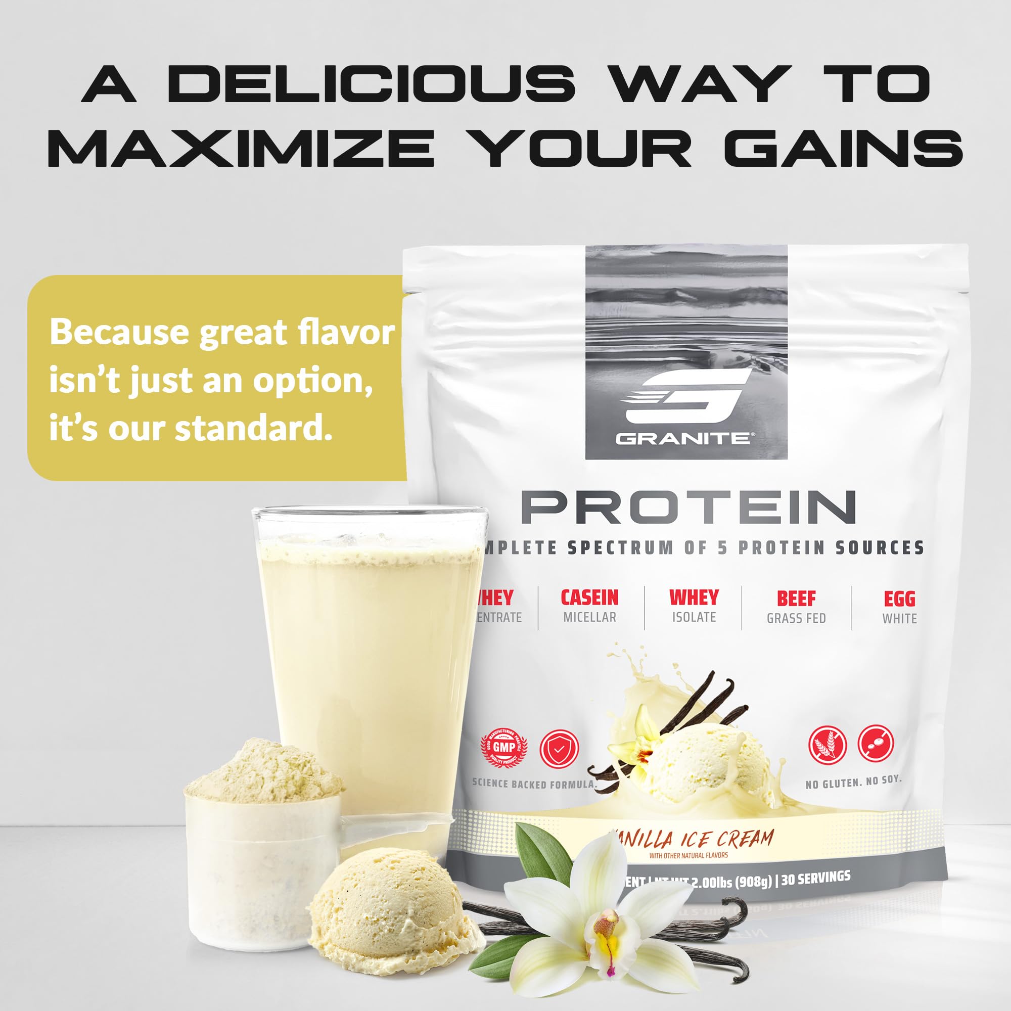 Measuring scoop beside Granite Nutrition powder to guide serving size