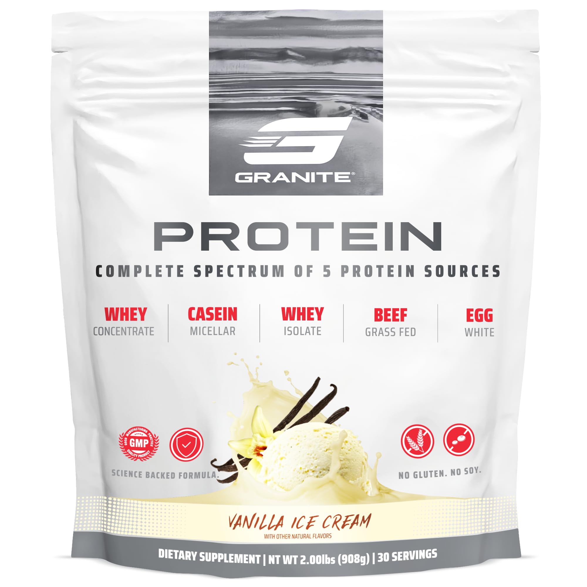 Granite Nutrition Protein Powder Vanilla tub front showing premium five-source blend for lean muscle