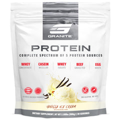 Granite Nutrition Protein Powder Vanilla tub front showing premium five-source blend for lean muscle