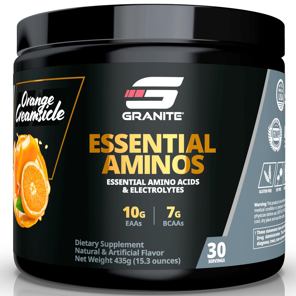 Granite Supplements Essential Amino Acids powder tub in orange creamsicle flavor supports post-workout recovery