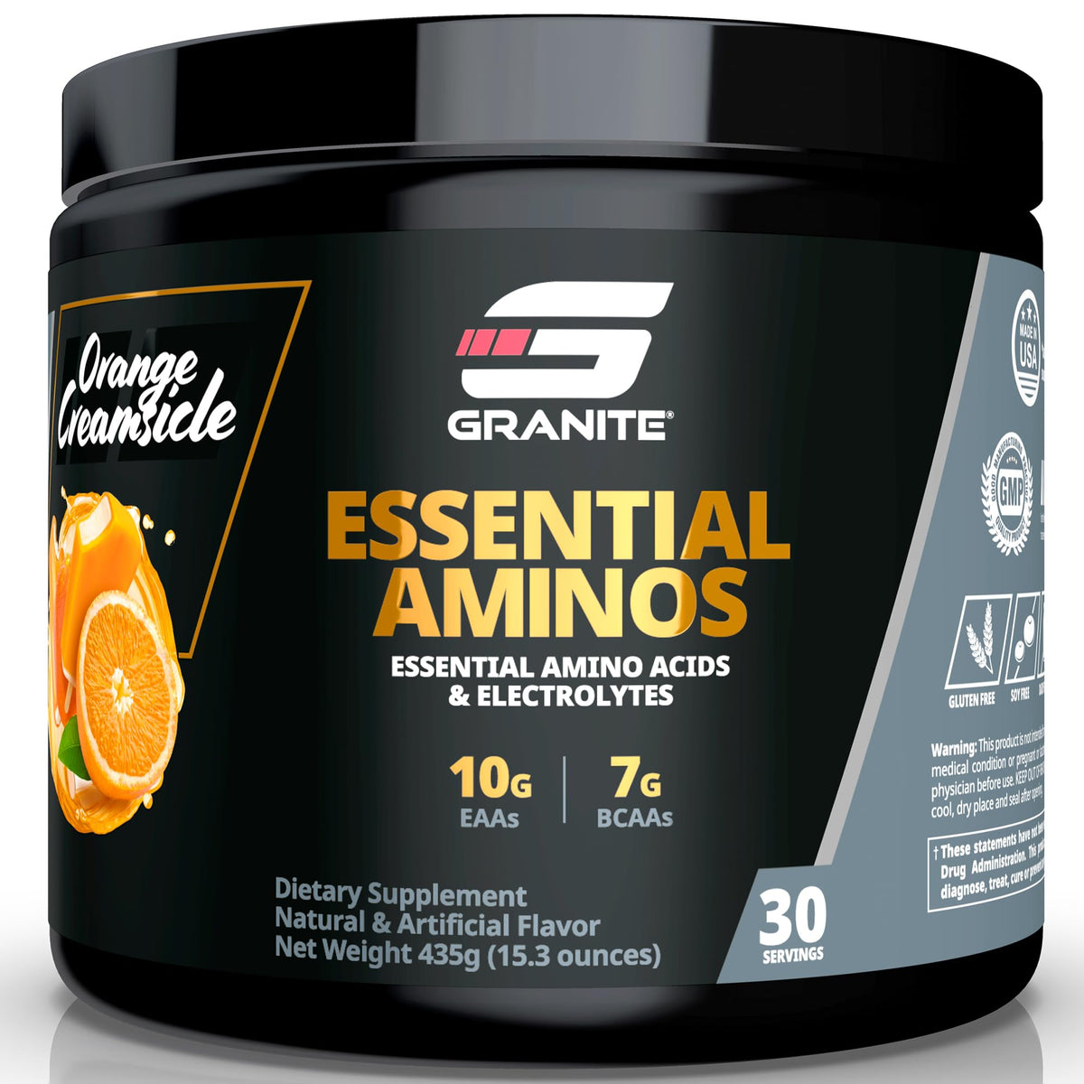 Granite Supplements Essential Amino Acids powder tub in orange creamsicle flavor supports post-workout recovery