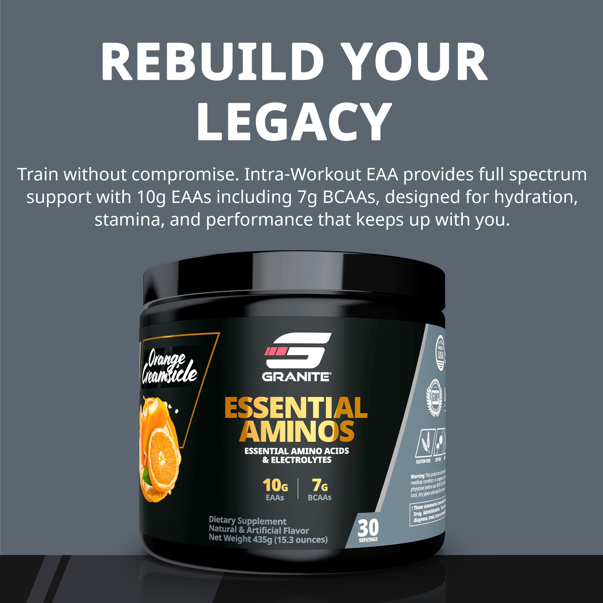 Granite EAAs powder scoop orange creamsicle illustrates convenient intra-workout nutrition