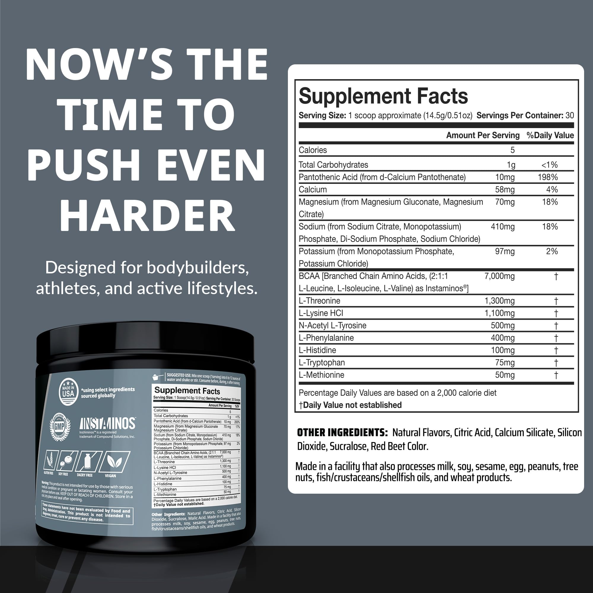 Granite Supplements eaa powder tub label closeup highlights gluten-free and soy-free formula