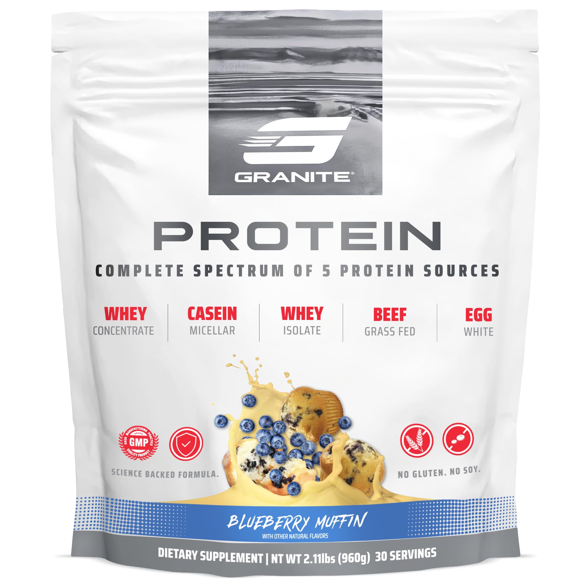 Granite Nutrition Protein Powder Blueberry Muffin bottle shown for post-workout flavor boost.