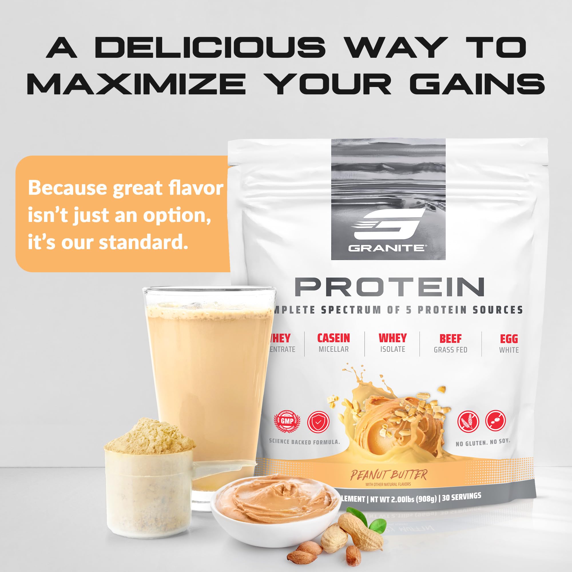 Granite Supplements protein powder ingredients beside scoop emphasize multi-source formula.