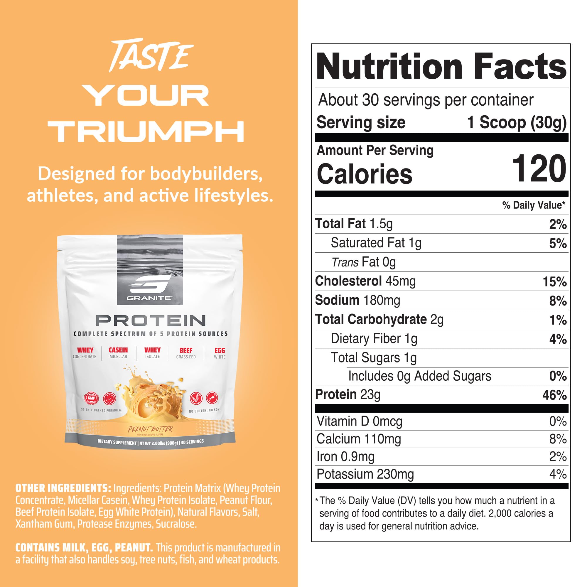 Granite Nutrition protein powder label close-up communicates calories and sugar per serving.