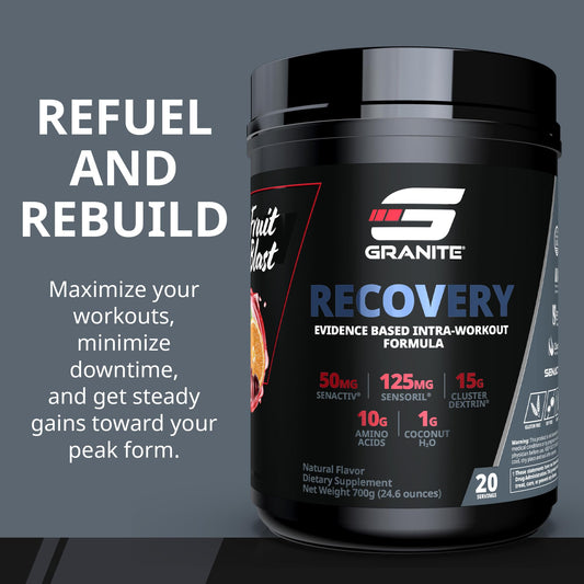 Granite Supplements Recovery bottle back with label highlighting EAAs and electrolytes for muscle support.