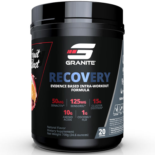 Granite Supplements Recovery bottle front for performance during workouts.