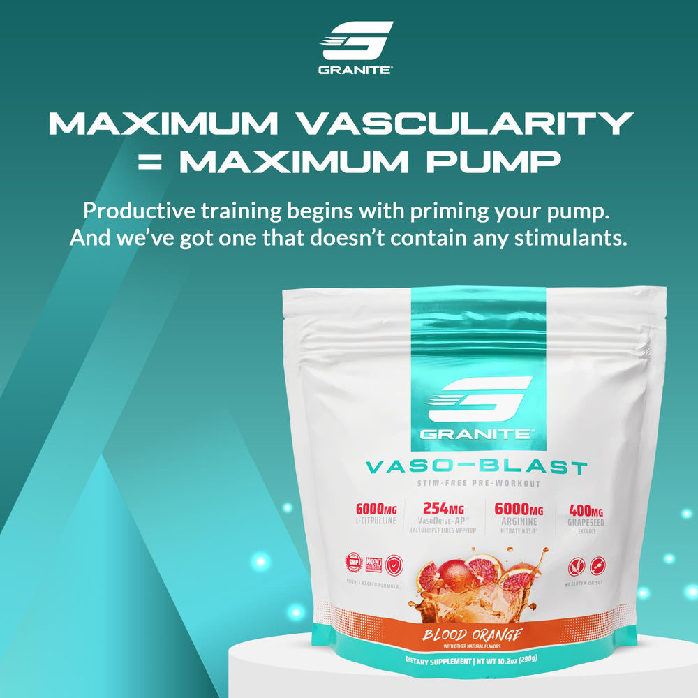 Granite Supplements Vaso Blast arginine-nitrate ingredient detail highlighting fast NO production.